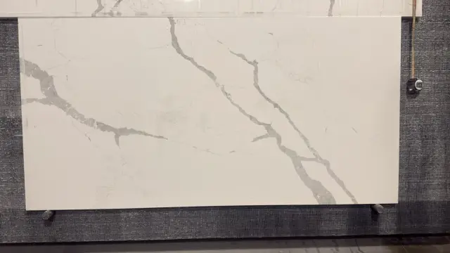 Blue Planet Calacatta Supremo Quartz remnant, 78" x 29"