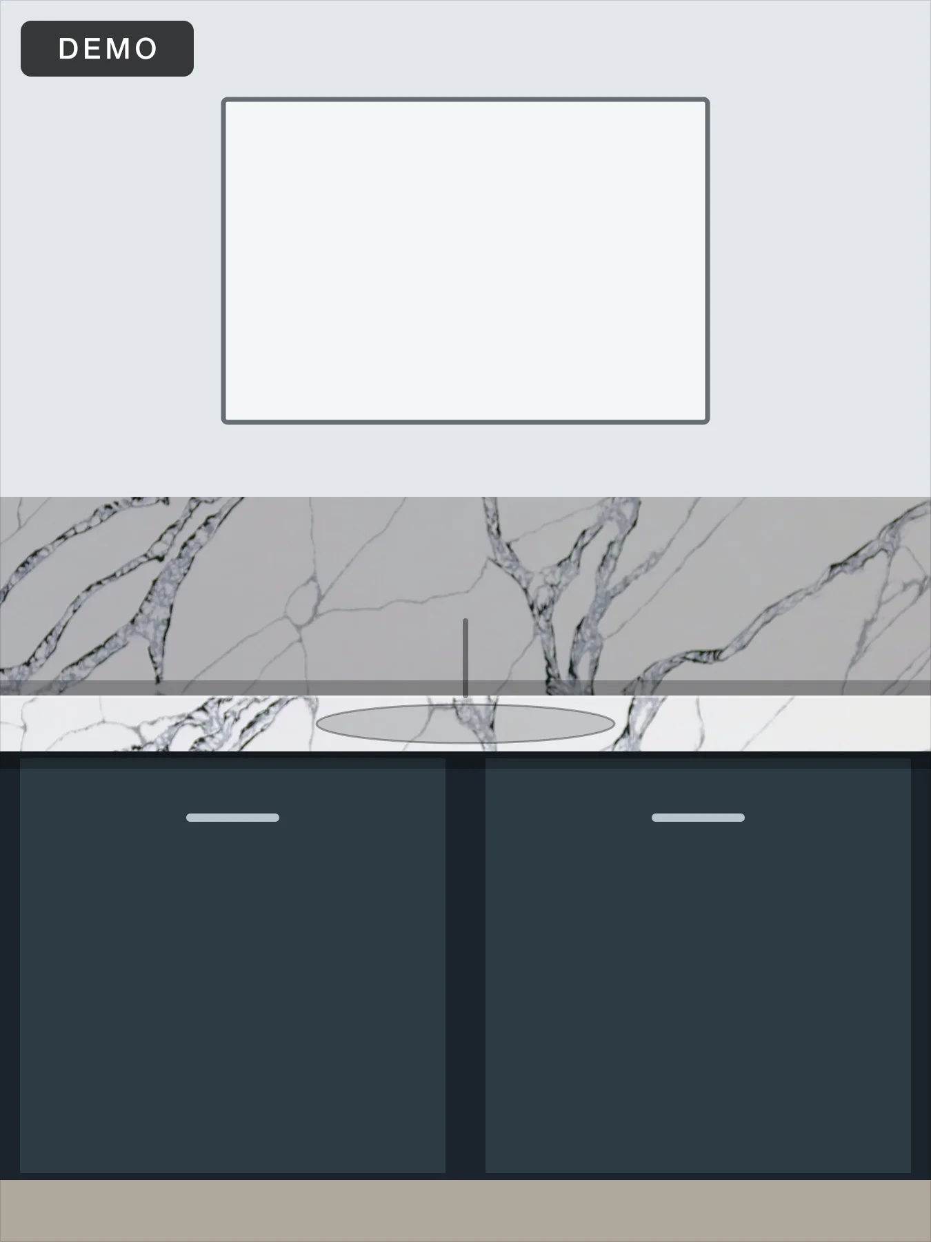 Demo project. Bath vanity in Calacatta Belladonna, undermount bowl.